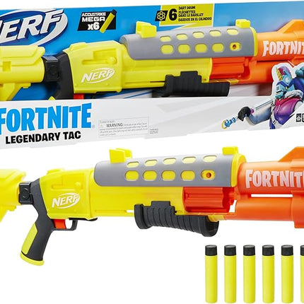 Nerf Fortnite Legendary TAC Dart Blaster, Yellow Glow Lap Design, 6 Dart Mega Drum and 6 Nerf Accustrike Mega Darts, Pump Action F4168