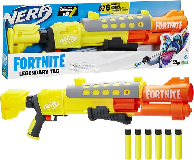 Nerf Fortnite Legendary TAC Dart Blaster, Yellow Glow Lap Design, 6 Dart Mega Drum and 6 Nerf Accustrike Mega Darts, Pump Action F4168