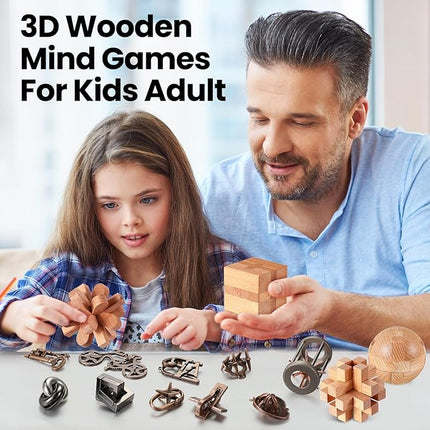 Syhood 14 Pcs Metal Brain Teaser Puzzles Ring Interlock Logic Puzzle Metal Wooden IQ Education Games Lock Challenging Gift for Adults Kid Office Party Table Toys(Classic)