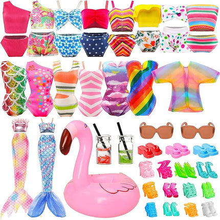 20 PCS Doll Clothes Swimwear Beach Bathing Set Including 5 Bikini Swimsuit, Coat, Mermaid Dress, 5 Shoes, 3 Slippers, Swimming Ring Float, Drinks and Sunglasses Accessories for 11.5 inch Girl Doll