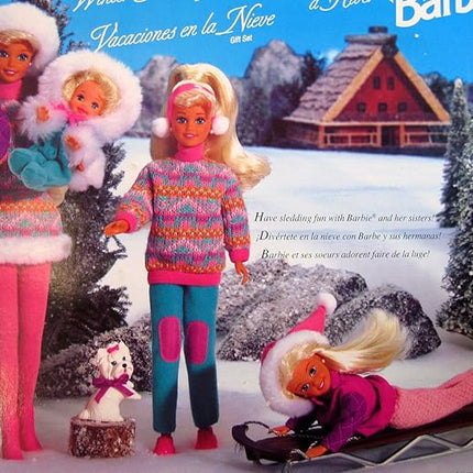 BARBIE WINTER HOLIDAY Set SLEDDING FUN w 4 DOLLS (Skipper, Kelly, Stacie & Barbie), Koko (Dog), SLED & More (1995)
