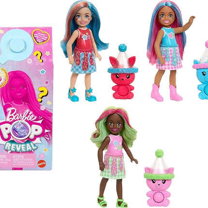 Barbie Chelsea Pop Reveal Doll Set, Shakes Series with 5 Surprises Including Scented Small Doll, Pop-It Pet & Color Change (Styles May Vary)