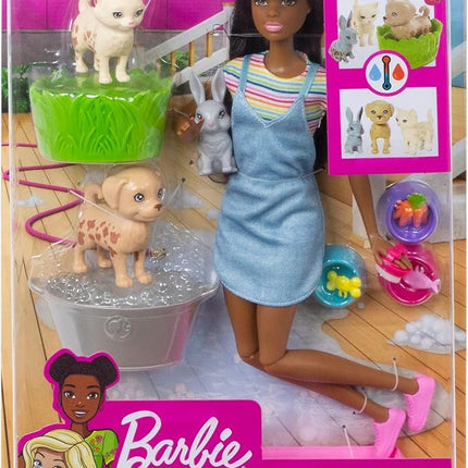 Barbie Play ‘n’ Wash Pets Playset with Brunette Doll, 3 Color-Change Animals (a Puppy, Kitten and Bunny) and 10 Pet and Grooming Accessories, Gift for 3 to 7 Year Olds