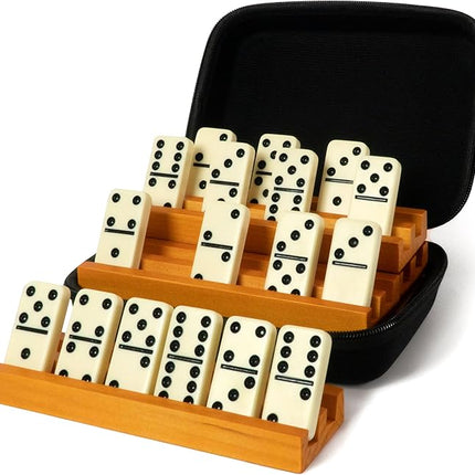 Queensell Dominos Set for Adults with 4 Domino Racks - Double 6 Dominoes Set with Domino Holder, Classic Board Games for Kids and Adults - Double Six Standard Dominos Set 28 Tiles with Travel Case