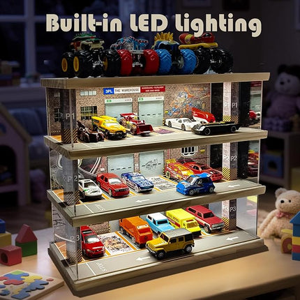 Storage Display Garage Compatible with Hot Wheels - Toy Car Garage with Lights, Freestanding Display Case, Parking Garage Diorama for 1/64 Scale Diecast Cars with 4 Levels 24 Spots Maximum 40 Cars