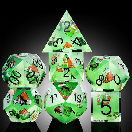 DNDND Full 7 Piece Sharp Edge Dice Set with Carton Stickers for Dungeons and Dragons D&D Table Games (Green with Carton)