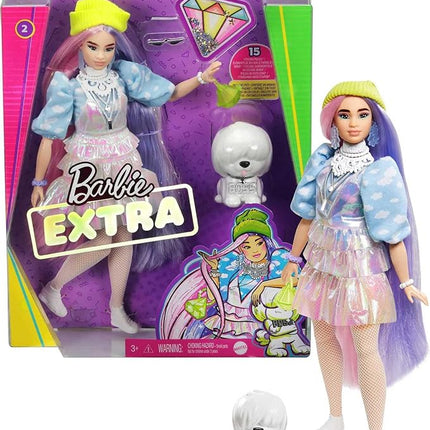 Barbie Extra Doll & Accessories with Shimmery Look, Pink & Purple Fantasy Hair & Neon Beanie with Pet Puppy