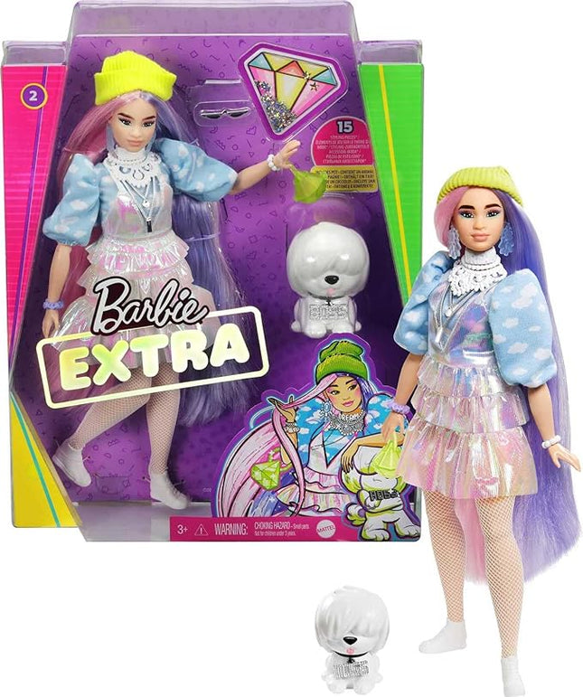 Barbie Extra Doll & Accessories with Shimmery Look, Pink & Purple Fantasy Hair & Neon Beanie with Pet Puppy