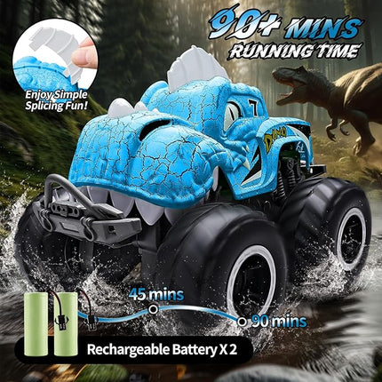 Amphibious Monster Truck Toys, 1:20 Waterproof Dinosaur Monster Trucks for Boys Age 4-7, 2.4GHz All Terrain RC Cars with 2 Batteries, 360° Rotating Stunt RC Car Toy Birthday Gift for Kids 3-5