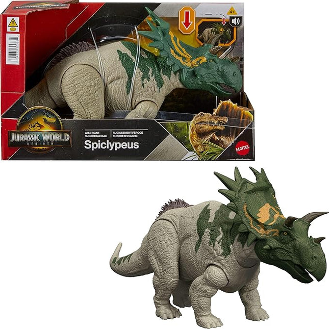 Mattel Jurassic World Rebirth Wild Roar Dinosaur Toy, Spiclypeus Posable Figure, Tail-Controlled Head Butt & Thrash Attack & Sound, Digital Play