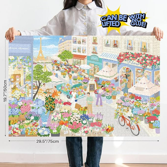 MOMIBOOK Puzzles for Adults 1000 Pieces Jigsaw Puzzles of Paris in Bloom, Painting Image Steet Flower Shop Difficult Challenging Hard Impossible Puzzle Unique Funny Party Christmas Birthday Gifts