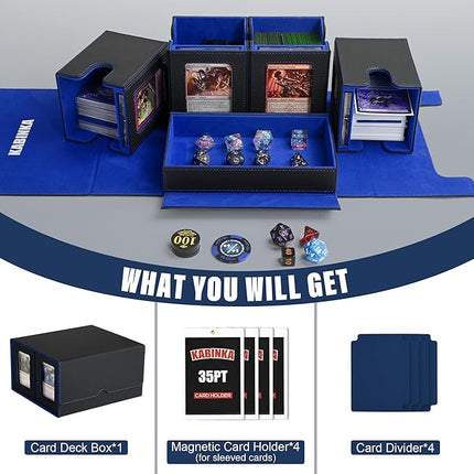 Card Deck Box for MTG with Commander Display, 5 in 1 Card Storage Box Fits 400+ Double-sleeved Cards, Removable Deck Case for TCG/Sports Cards with Dice Tray, 4 Magnetic Card Holders (Black Blue)