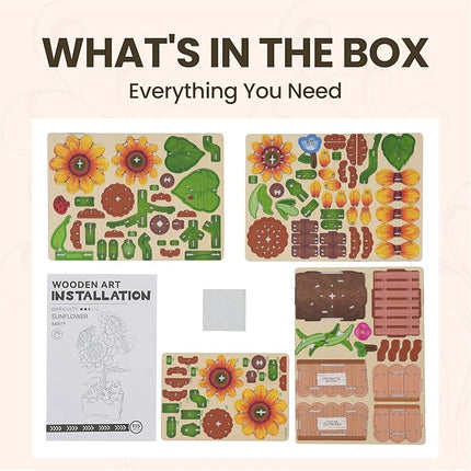 3D Wooden Puzzles for Adults - Sunflower Flower Puzzle, DIY Wooden Flowers Model Building Kits Crafts, Botanical Collection Gift Ideas for Mother's Day Birthday Christmas Housewarming