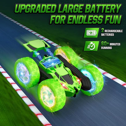 Remote Control Car, Double Sided 360°Rotating 4WD RC Cars with Headlights 2.4GHz Electric Race Stunt Toy Car Rechargeable Toy Cars for Boys Girls Birthday (Green)