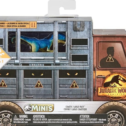 Mattel Jurassic World Dominion Chaotic Cargo Pack of 5 Mini Figures, 1 Human & 4 Dinosaur Toys in Cargo Truck-Themed Package