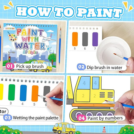 Paint with Water Coloring Books for Toddlers, Traffic Theme Mess Free Watercolor Painting Papers for Kids Water Color Paint Kit Art Craft Birthday Gift for Ages 1-3, 4-8