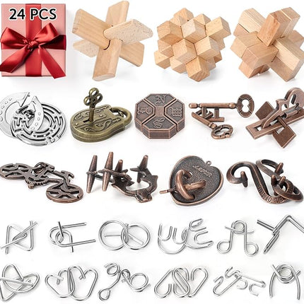 24 Pack Brain Teaser Puzzle Set Wooden and Metal 3D Interlocking IQ Toys for Adults and Teens Educational Games(Classic Style)
