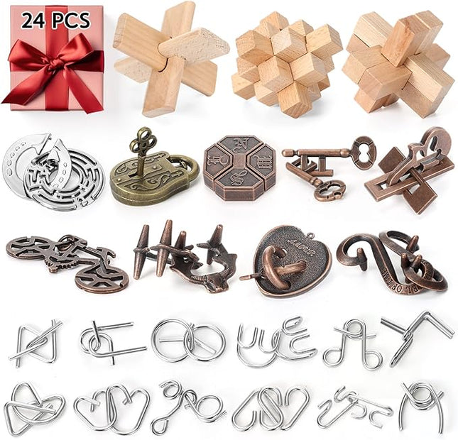24 Pack Brain Teaser Puzzle Set Wooden and Metal 3D Interlocking IQ Toys for Adults and Teens Educational Games(Classic Style)