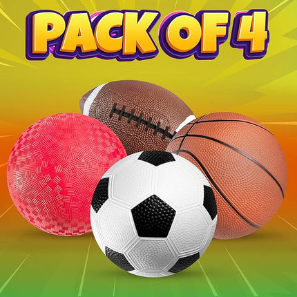 Sports Balls for Kids & Toddlers - (Pack of 4) 5-inch Sports Set Includes Football, Small Size Soccer, Basketball, and Playground Balls, Fun Indoors & Outdoor Toys (Hand Pump Included)