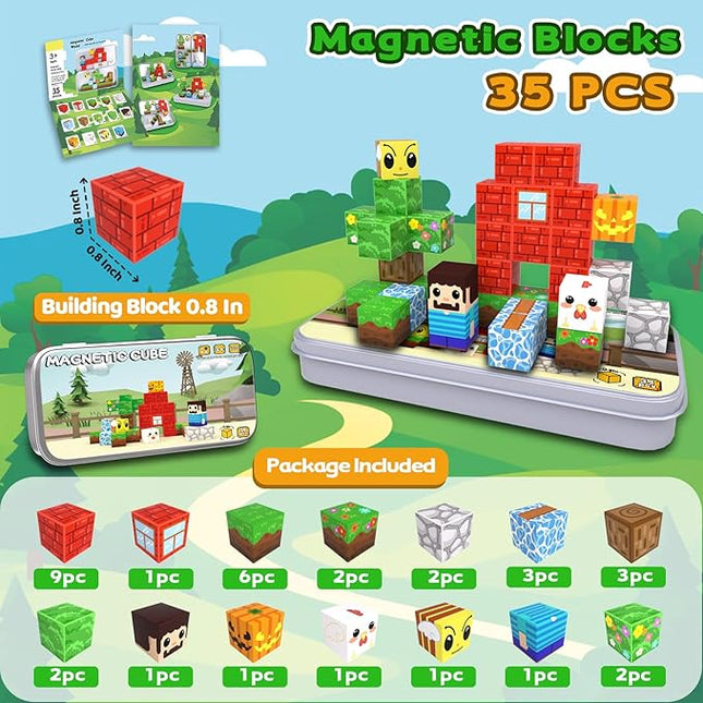 35PCS Mini Magnetic Blocks, Travel Magnetic Building Cubes with Storage Box, Portable Magnetic Toys Set for Boys & Girls 3-5, Birthday Gifts