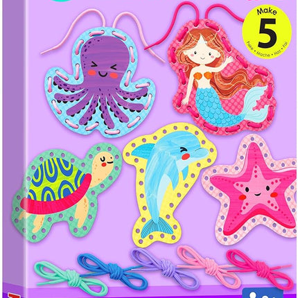 KRAFUN Beginner Mermaid Lacing Card Kit for Kids Arts & Crafts, 5 Easy Mermaid, Animal Lacing Projects, Paper Lace Cards for Toddlers, Fine Motor Preschool Skills Toys