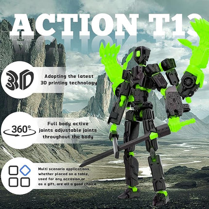5.5Inch T13 Action Figure Assembly Completed, T13 3D Printed Action Figure Multi-Jointed Movable Robot Set,Collectors Desktop Decorations for Game Lovers Toys (Black Green)
