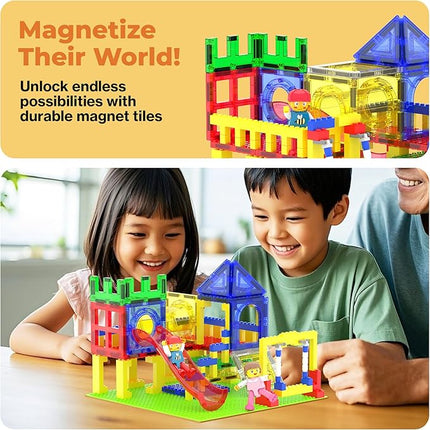 PicassoTiles Magnetic Tiles Slide & Swing Playground Building Block with 2 Character Action Figures Magnet Tile Construction Bricks Sensory Toys STEM Learning Educational Toy Kit Boy Girl Age 3+ PTQ30
