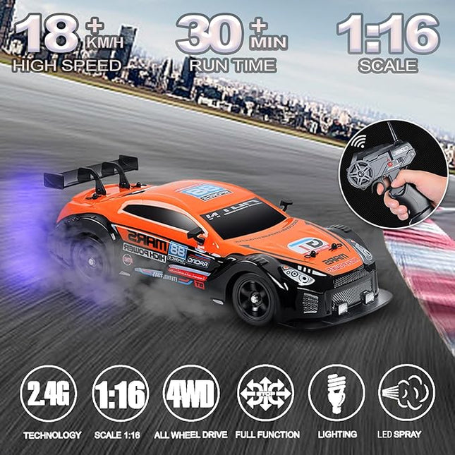 YUZ RC Car RC Drift Car 1/16 Scale 2.4GHz 4WD 18KM/H High Speed Remote Control Car with LED Lights Spray Racing Toy Car for Adults Boys Girls Kids Gift Rechargeable Batterie Drifting Tires