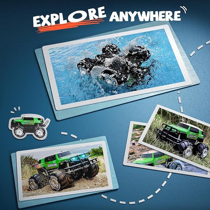 Ruko 1601AMP2 Amphibious Remote Control Car, 1:10 RC Car Toys for Boys, IPX6 Waterproof Monster Truck with Lights for All Terrain, 2 Rechargeable Batteries, Gifts for Kids (Green)