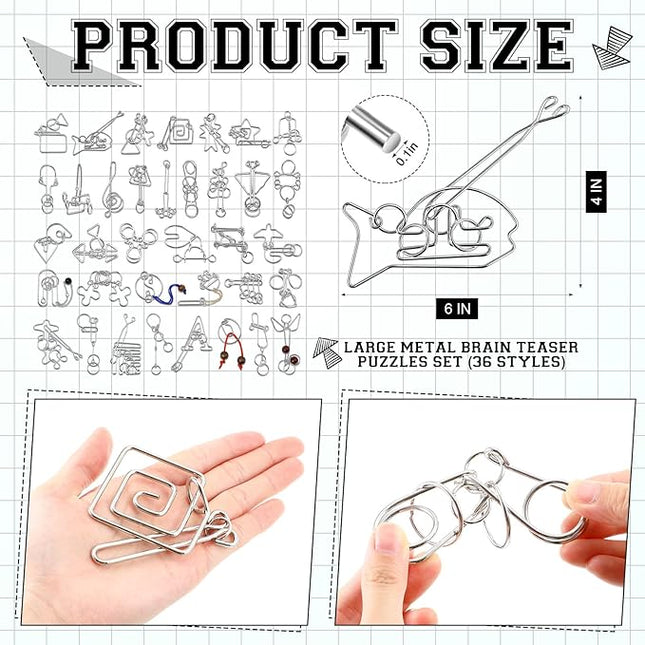 Yilloog Metal Brain Teaser Puzzles Set of 36 with Pouch, Steel IQ Games Physics Mind Metal Puzzles for Adults Basket Stocking Stuffers for Adults Challenge Gifts(Hard)