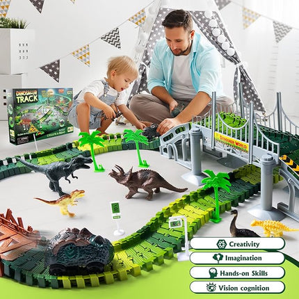 218 PCS Race Tracks Dinosaur Toys for Kids 3-5, Glow in The Dark Magic Toy Set, 2 Dinosaur Cars Track, Flexible DIY Track Set, Birthday Gift for Age 3-9 Boys Toddler Girls