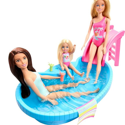Barbie Doll & Pool Playset, Brunette in Seafoam Blue One-Piece Swimsuit with Pool, Slide, Towel & Drink Accessories
