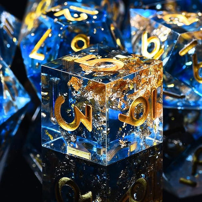 AUSTOR 7-Die DND Dice Set Handmade Sharp Edge Polyhedral Dice for Dungeons and Dragons RPG MTG Table Games（Tranlucent Blue with Glod Sequins）