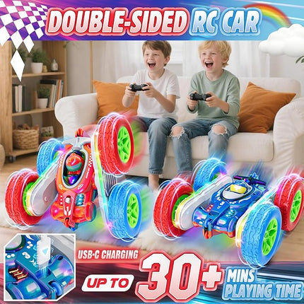 Remote Control Car for Kids Toys with Shiny Electroplated Finish, RC Cars Stunt Toy with LED Lights, 2.4GHz Double-Sided 360° Flips, USB-C Fast Charging, Perfect Birthday Xmas Gift for Boys