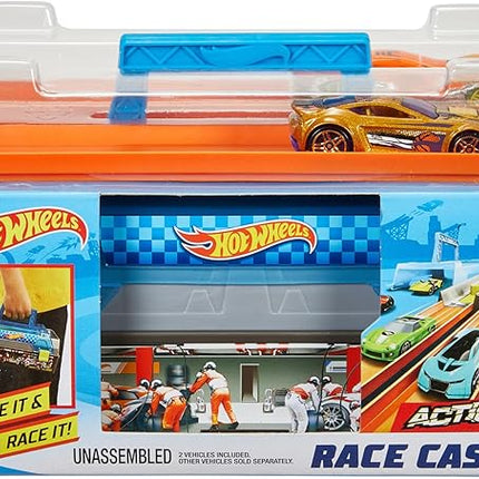 Hot Wheels Toy Cars & Track Set, Race Case Playset with 2 Vehicles in 1:64 Scale, Dual Launcher for Side-By-Side Racing & Portable Storage Container
