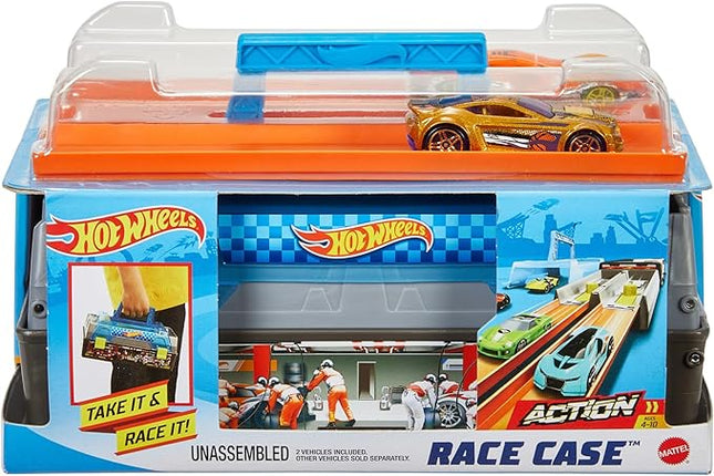 Hot Wheels Toy Cars & Track Set, Race Case Playset with 2 Vehicles in 1:64 Scale, Dual Launcher for Side-By-Side Racing & Portable Storage Container