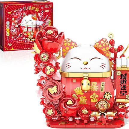 Lucky Cat Building Block Set, Compatible with Lego Cat, 868Pcs Cute Fortune Cat with Flowers Building Blocks, Christmas Birthday Creative Gift for Girls Boys Adult (Red Cat)