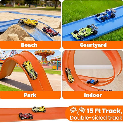15 Ft Flexible Race Car Track for Kids, Double-Sided Racetrack with Suction Cups, Compatible with Hot Wheels & 1:64 Diecast Cars,Portable Roll Up Track Toy,Gift for Boys Girls Ages 3+ (Orange)