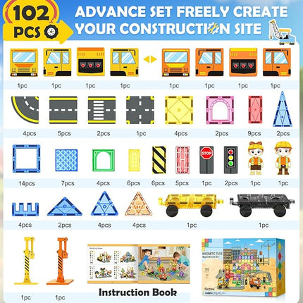 102 PCS Magnetic Tiles with 2 Cars & 2 Cranes Magnet Construction Building Kids Toys for Creative Play and STEM Learning Boys Toys & Gifts for 3-12