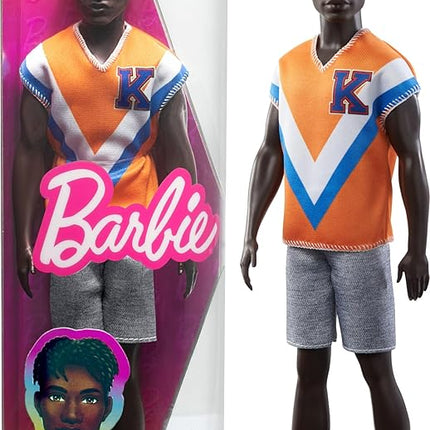 Barbie Fashionistas Ken Fashion Doll with Twisted Black Hair Wearing Orange Athletic Jersey, Shorts & White Sneakers