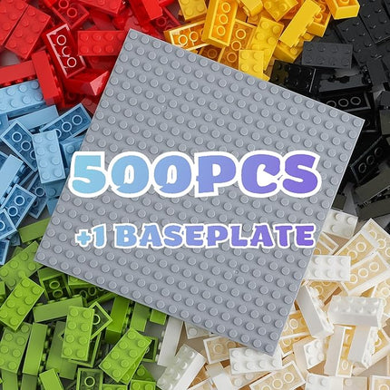 2x4 Bricks Bulk 500 Piece Classic Building Bricks and 1 Gray Baseplate, 2x4 Blocks Bulk Creative Building Toys, Blocks Bulk for Kids Ages 6+, 6 Colors(Samll Bricks, 1.25x0.62x0.47 in)