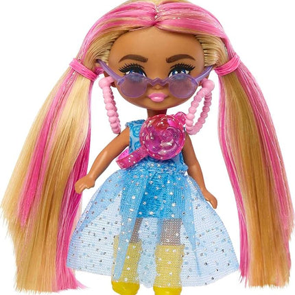 Barbie Extra Mini Minis Doll with Pink-Streaked Blonde Pigtails Wearing Blue Dress & Accessories, Plus Stand, 3.25-inch