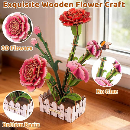 3D Wooden Flower Puzzles for Adults Carnation, DIY Artificial Flower Building Set Wooden Bloom Craft Kits Home Decoration, for Women Mom Birthday Thanksgiving Christmas Valentine's Day