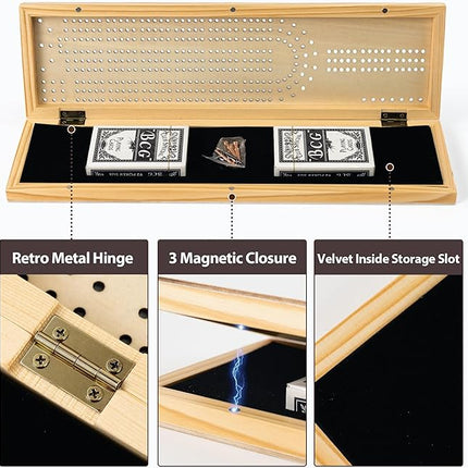 Cribbage Board Game Set, 3-Track Premium Wooden Cribbage Board with Magnetic Lock & Large Storage, 9 Metal Pegs, 2 Decks of Playing Cards - Classic Board Games for Adults Family (Instruction Include)