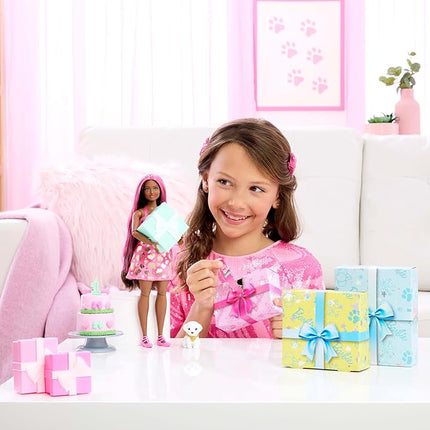 Barbie Party Unboxed Doll & Accessories, Pet Birthday Series Shimmerin’ Hearts Set with 10 Surprises Including Color Change & Cake-Decorating Activity