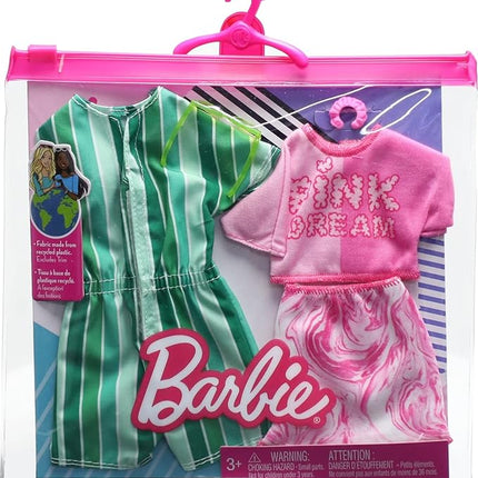 Barbie & Ken Fashions 2-Pack Clothing & Accessories Set, Pink Dream Top & Skirt with Bracelet for Barbie Doll & Striped Romper & Sunglasses for Ken Doll