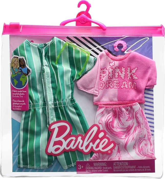 Barbie & Ken Fashions 2-Pack Clothing & Accessories Set, Pink Dream Top & Skirt with Bracelet for Barbie Doll & Striped Romper & Sunglasses for Ken Doll