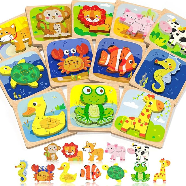 Benresive Wooden Toddler Puzzles, 12pcs Animal Montessori Toys for 1-3 Year Old Boys & Girls, Learning Educational Preschool Toys, Great Gifts for 1 2 3 Year Olds