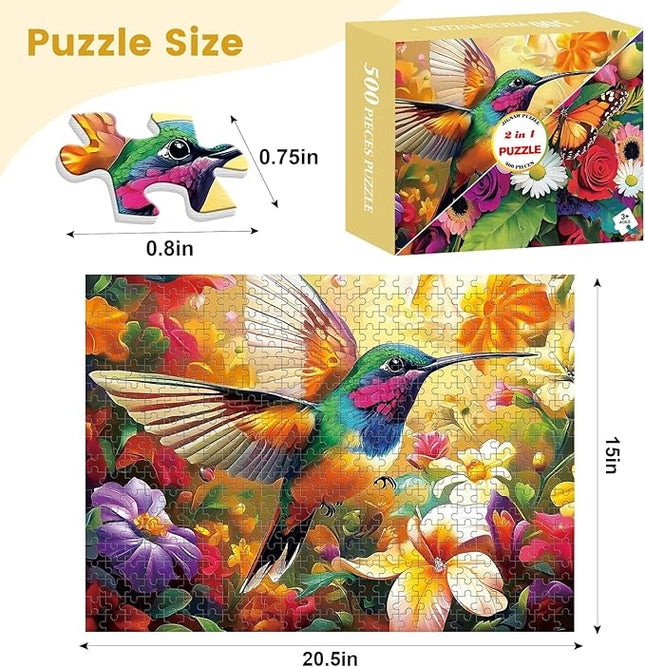 2-Pack 500 Pieces Puzzles for Adults, Flower Hummingbird Puzzles 500 Pieces Butterfly Jigsaw Puzzles for Adults, Birthday Party for Family Kids, Game Nights Gifts