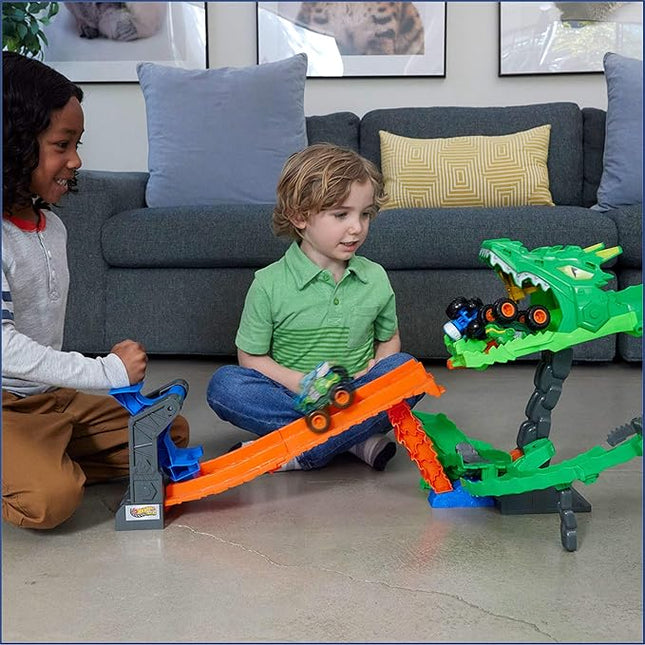 Hot Wheels Toy Monster Trucks, Sharks vs. Dinos Dragon Destruction Playset with 1:64 Scale Great Bite & Rageasaur, Race to Defeat The Cyborg Nemesis